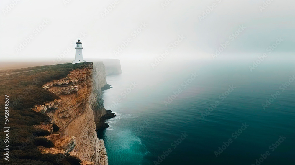 Lighthouse on a cliff edge in stormy and misty weather. Generative AI