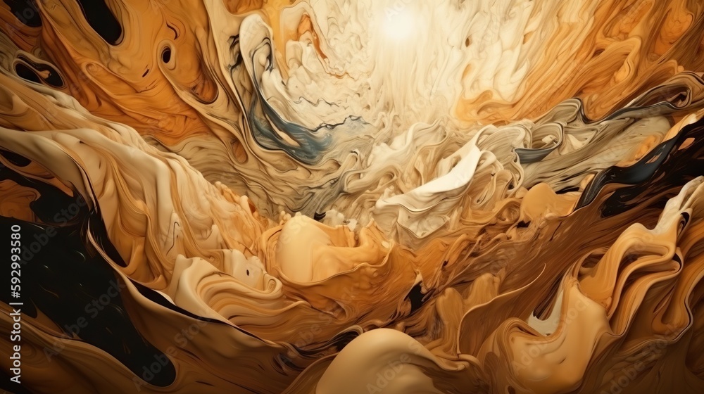 Closeup of caramel vortex. Swirl of sweet golden cream. Generative AI