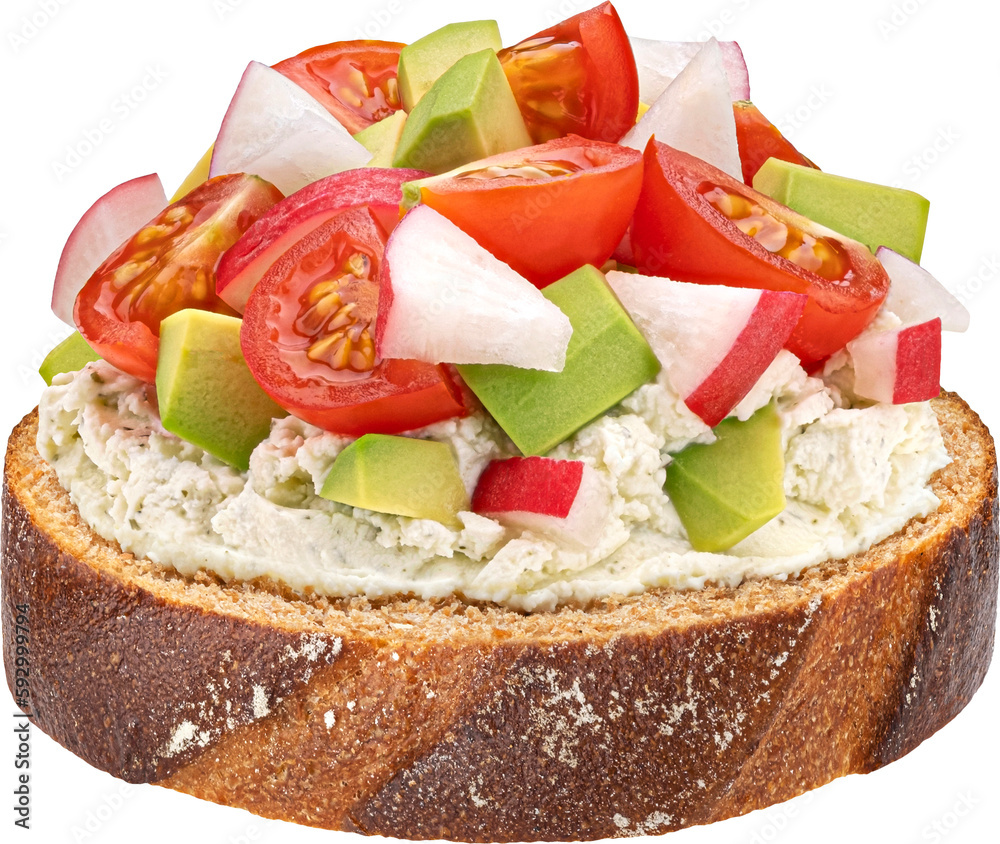 Wholegrain rye bread slice with vegetable salad, toast with cherry tomatoes, avocado, cream cheese, 