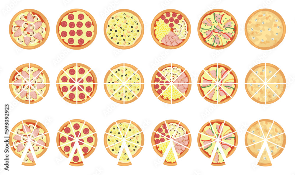 Set of different delicious pizzas on white background, top view