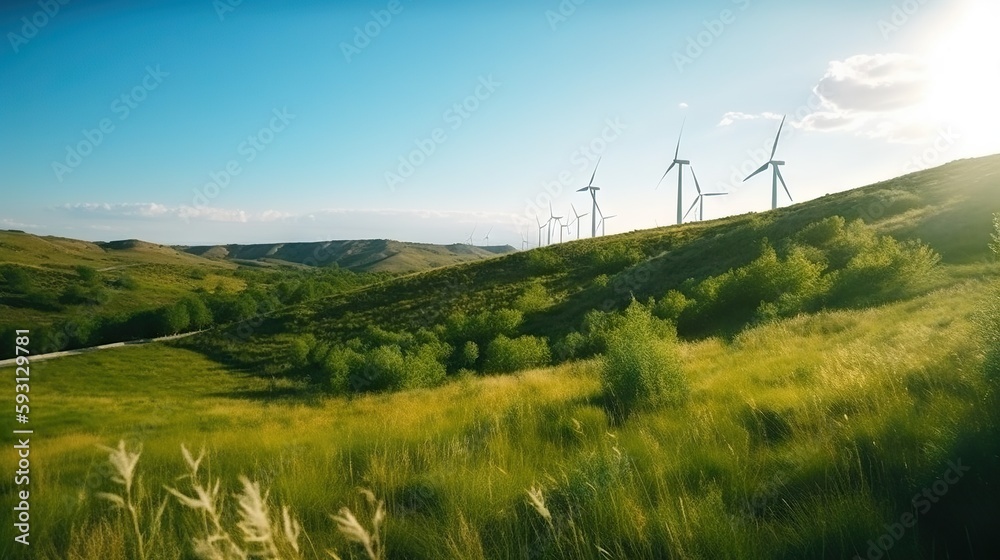 Power generating windmills on green hills. Renewable energy concept. Generative AI