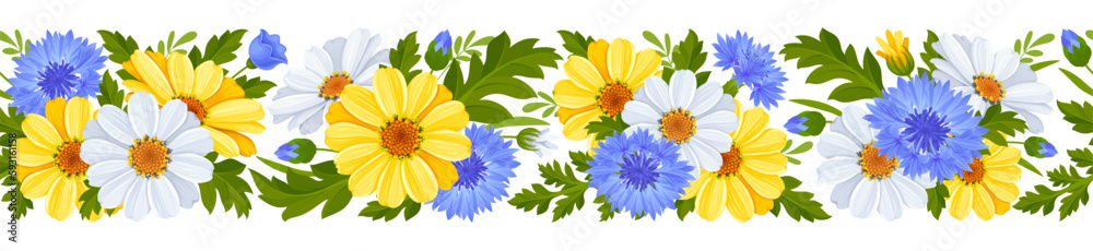 Horizontal seamless border with pattern of blue cornflowers, yellow and white daisy flowers, leaves 