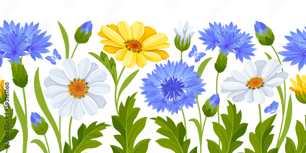 Horizontal seamless border with pattern of blue cornflowers, yellow and white daisy flowers, leaves 