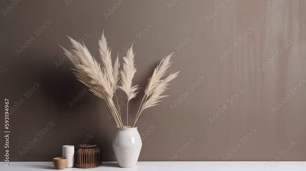 Vase with decorative plant branch against gray wall background. Minimalist interior mockup. Generati