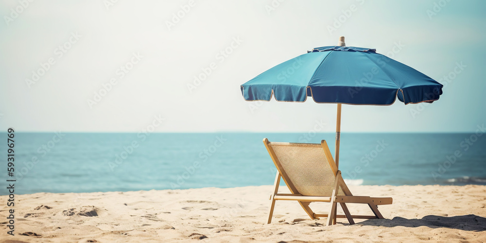 Beach chair and umbrella on beautiful beach. Travel paradise concept. Generative AI