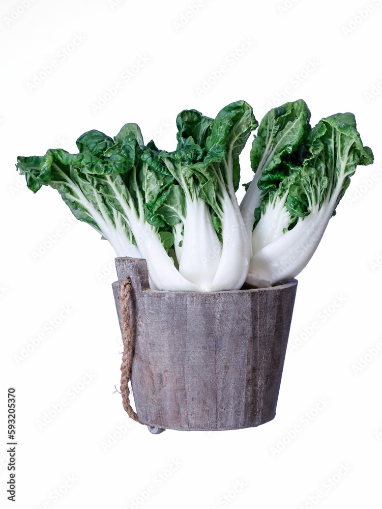 Vertical closeup shot of wooden bucket with fresh green bok choy vegetable