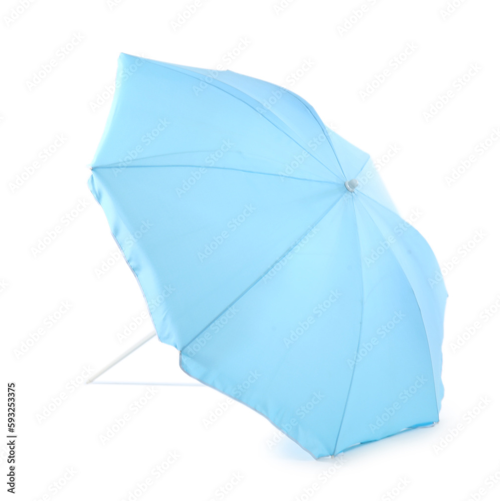 Blue beach umbrella isolated on white background