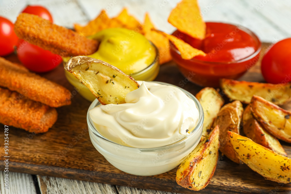 Bowl of mayonnaise with dipped potato wedge on wooden board, closeup