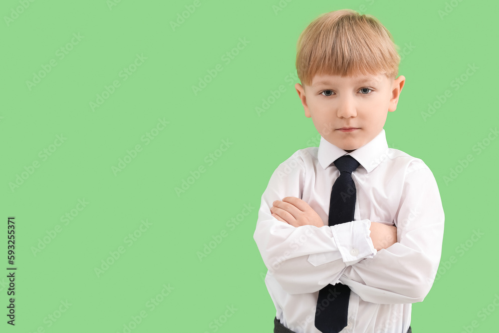 Funny little businessman on green background