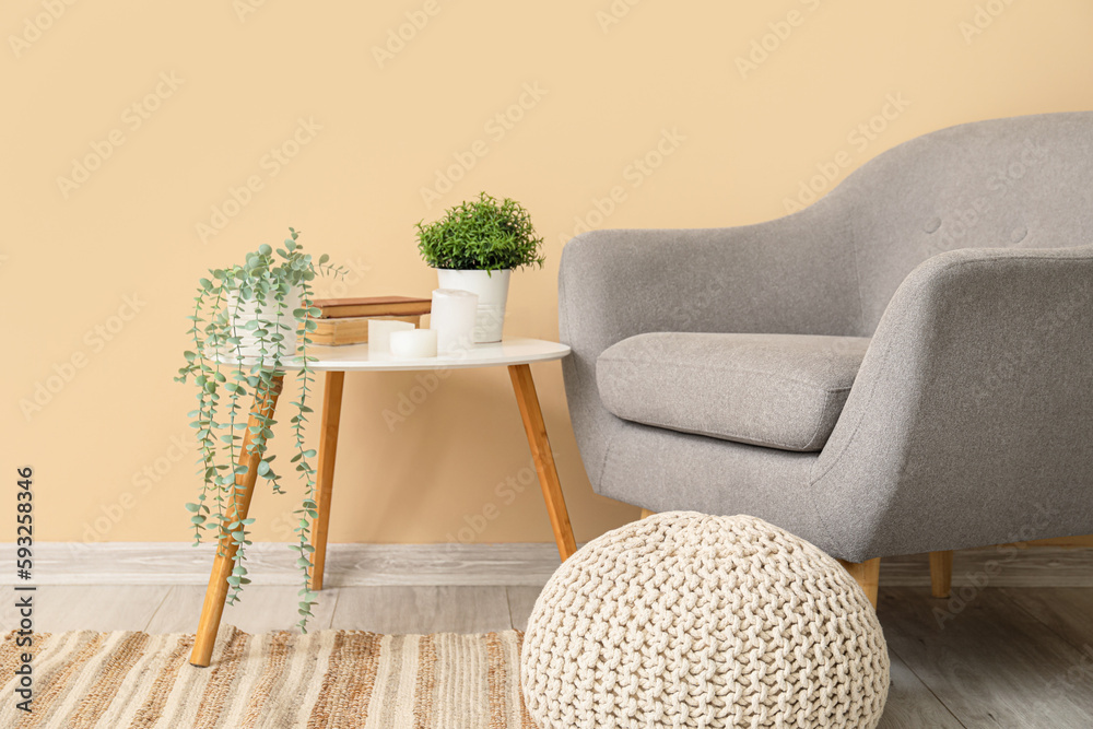 Interior of living room with armchair and artificial plants on table