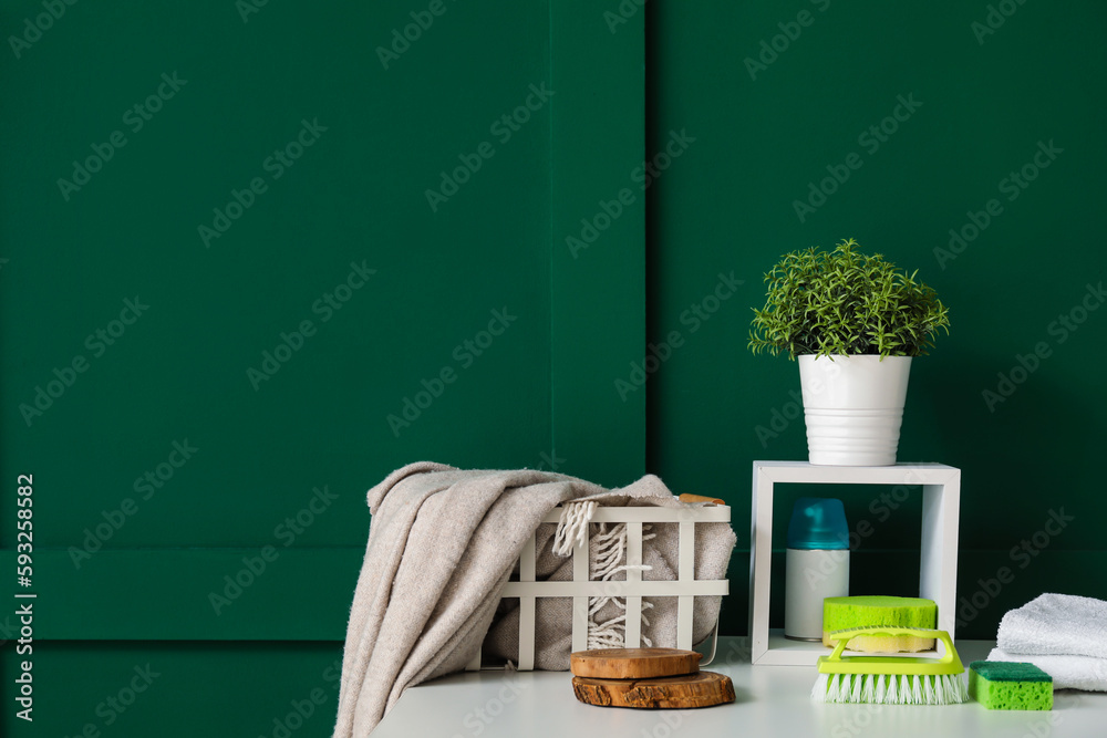 Artificial plant with cleaning supplies on shelf near green wall