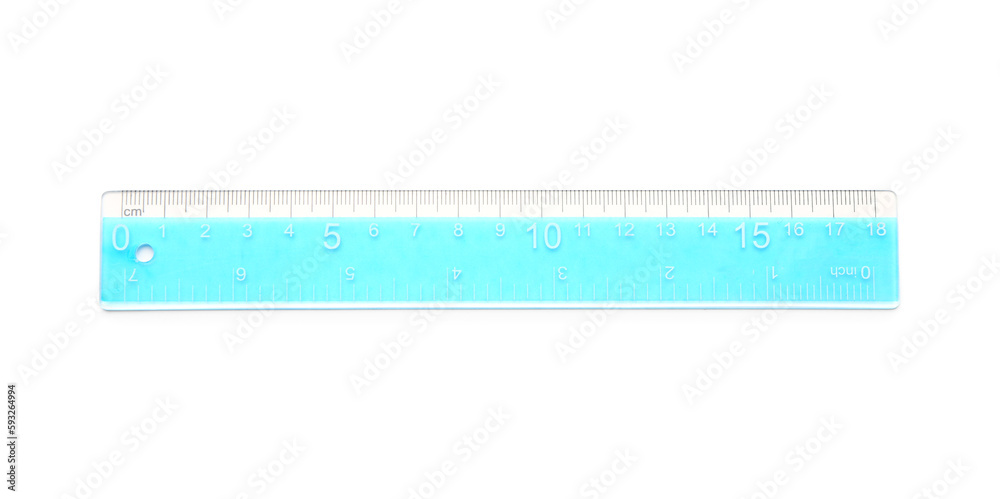 Blue plastic ruler on white background