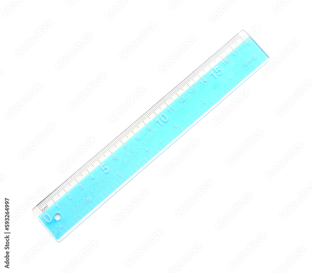 Blue plastic ruler on white background