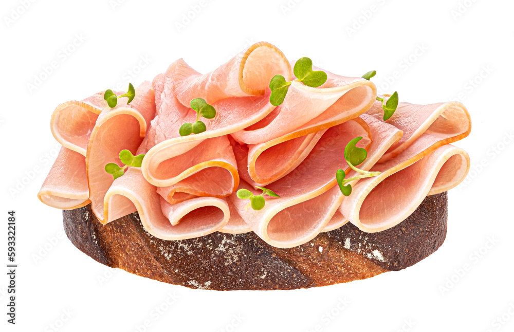 Pork ham slices on rye bread isolated on white background