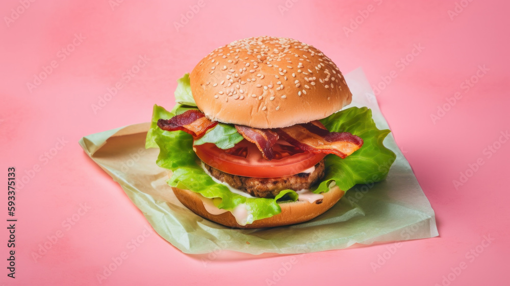 Burger on vivid background. Illustration AI Generative.