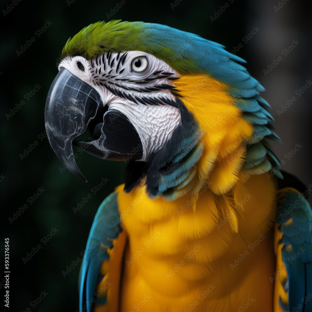 Colorful blue and yellow macaw parrot Ara ararauna. Illustration AI Generative.