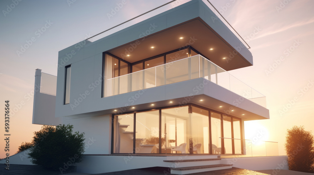 White modern villa. Illustration AI Generative.