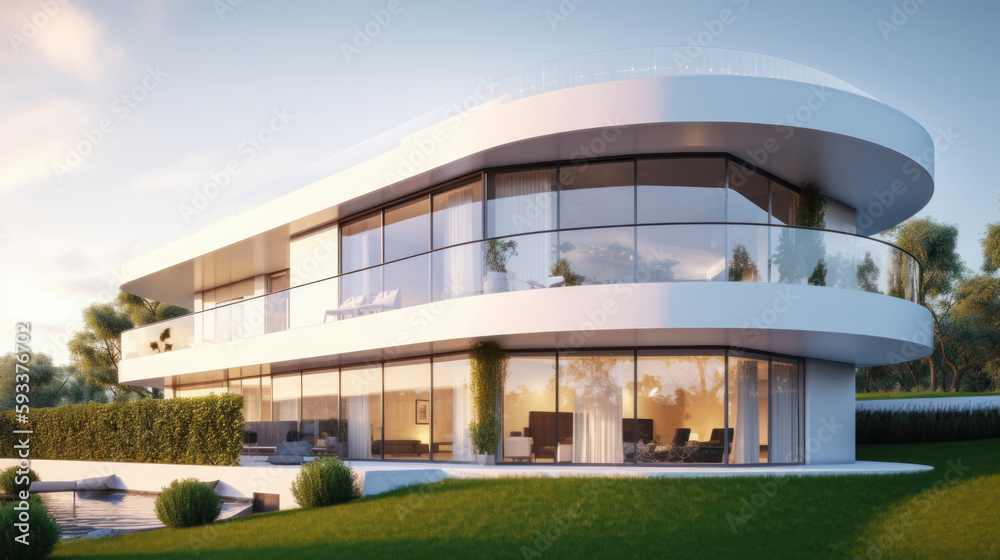 White modern villa. Illustration AI Generative.