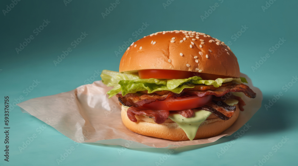 Burger on vivid background. Illustration AI Generative.