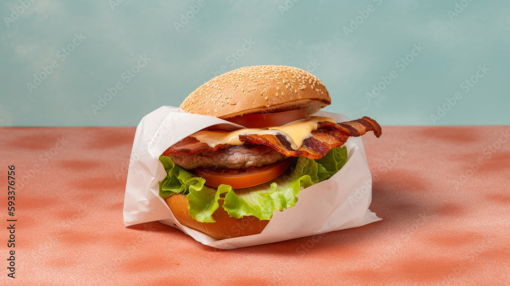 Burger on vivid background. Illustration AI Generative.