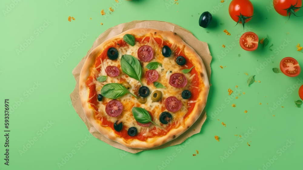 Pepperoni pizza on vivid background. Illustration AI Generative.