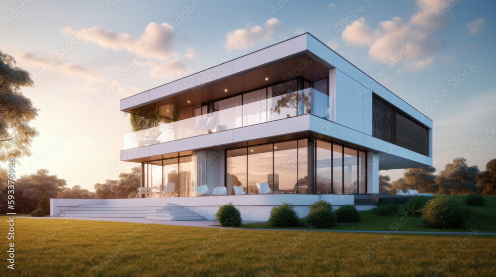 White modern villa. Illustration AI Generative.