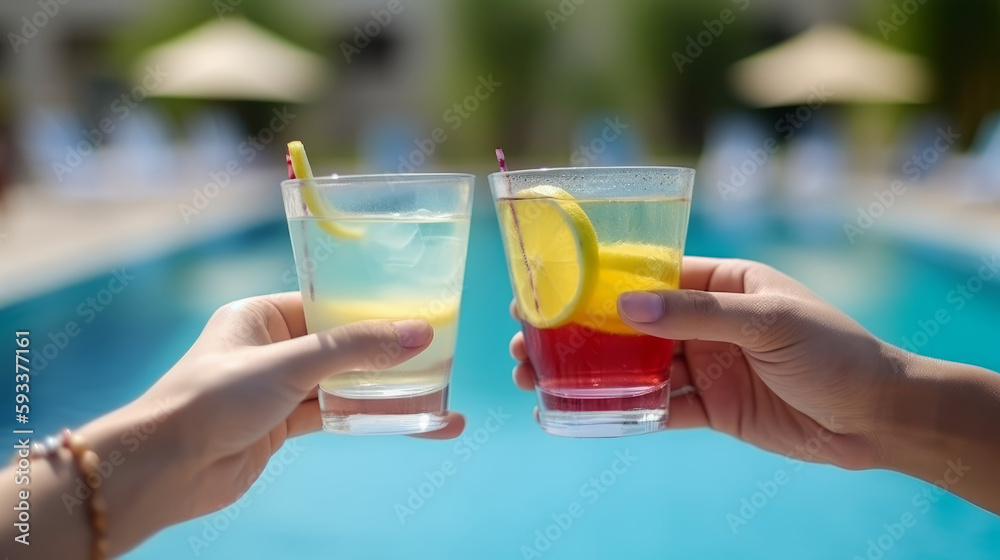 Hands with summer cocktails. Illustration AI Generative.