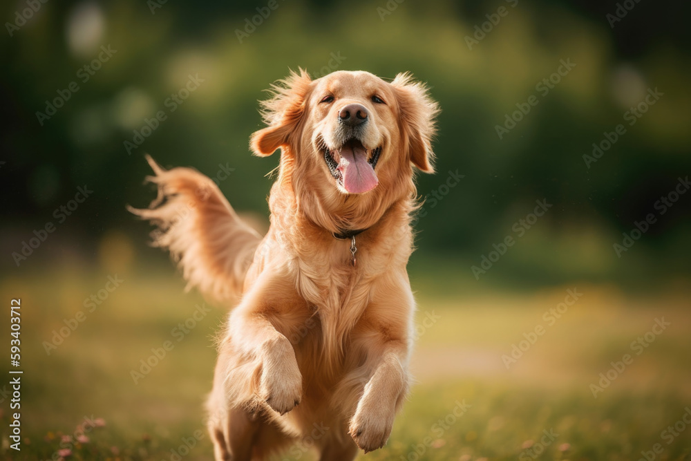 Playful Companion. Energetic Golden Retriever wagging its tail in nature background with space for t