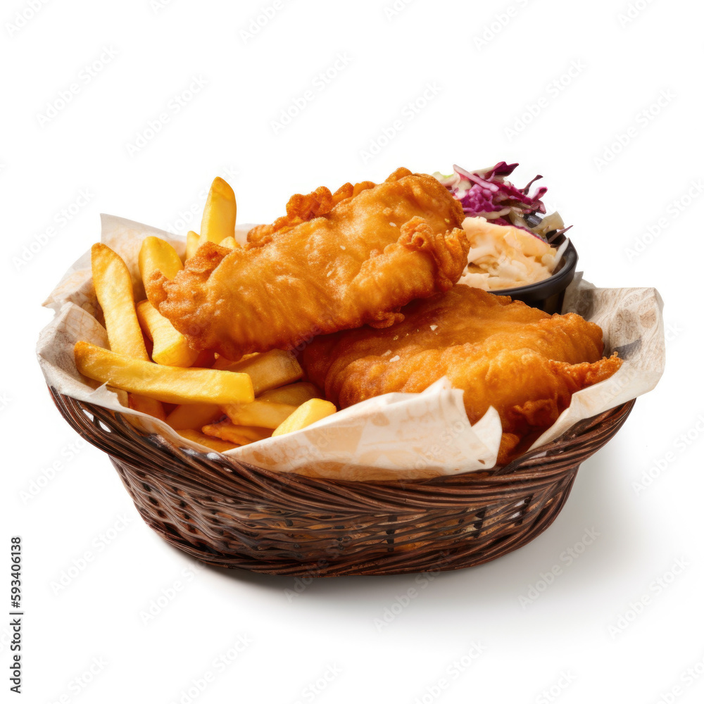 Pub Food Classic. Delicious fish and chips in basket with tartar sauce on white background. Copy spa