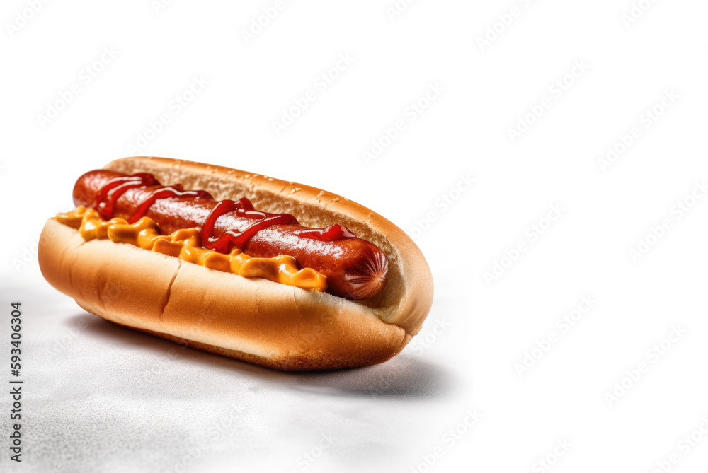  Classic American Snack. Enjoy a freshly hot dog with ketchup and mustard, isolated on a white backg