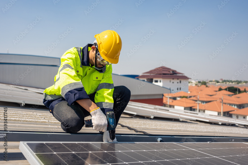 Professional engineer work to maintenance of photovoltaic panel system. 