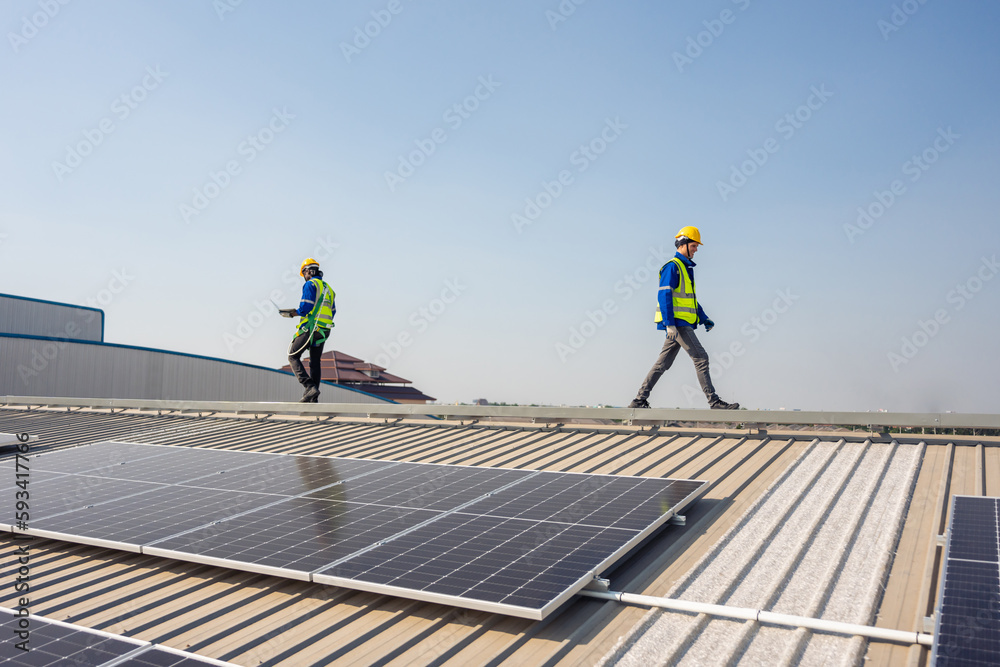 Professional engineer work to maintenance of photovoltaic panel system.