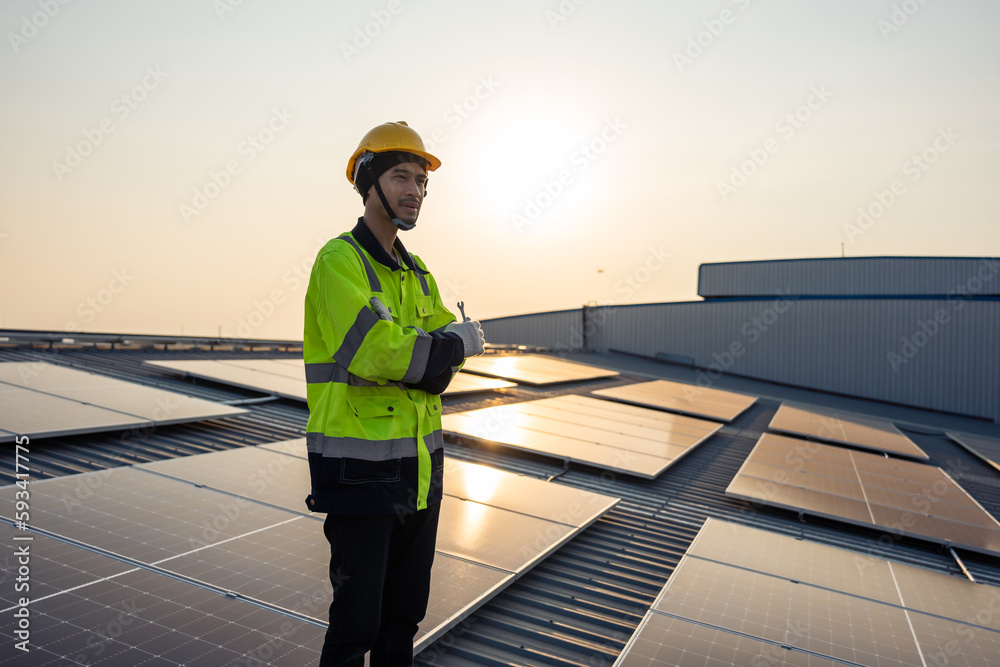 Professional engineer work to maintenance of photovoltaic panel system. 