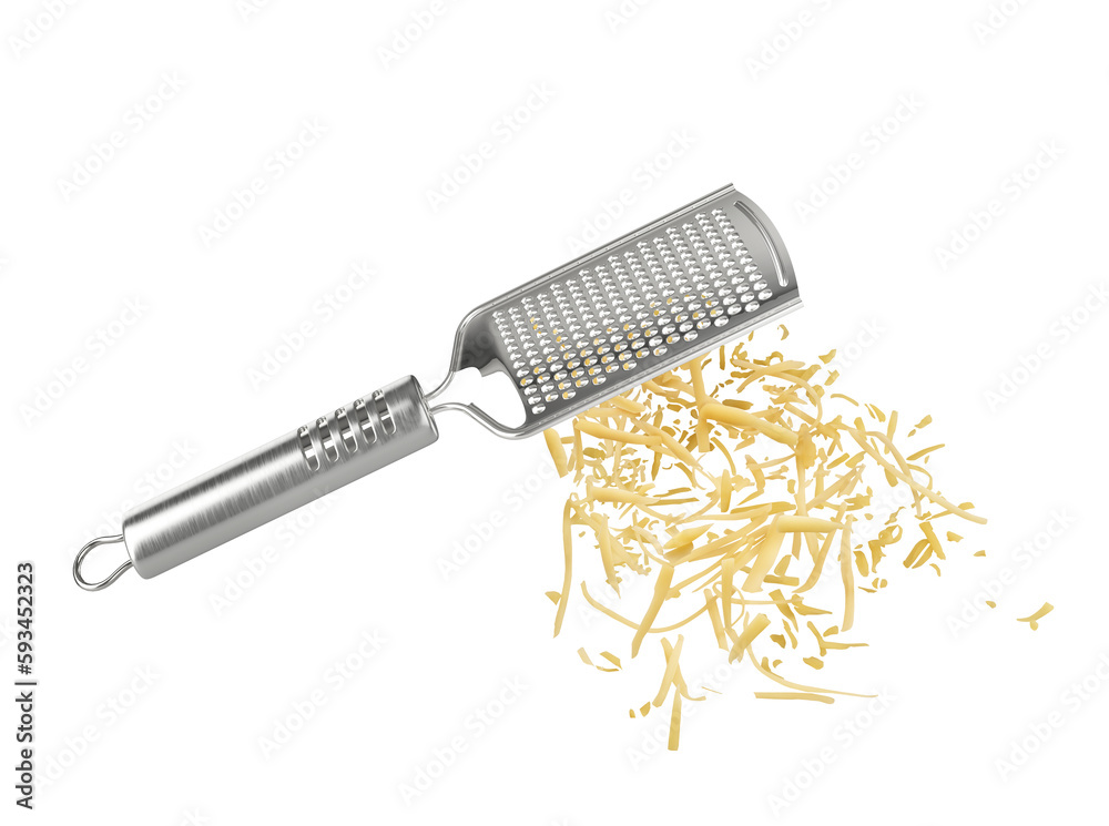 Grater with flying cheese shavings on a white isolated background