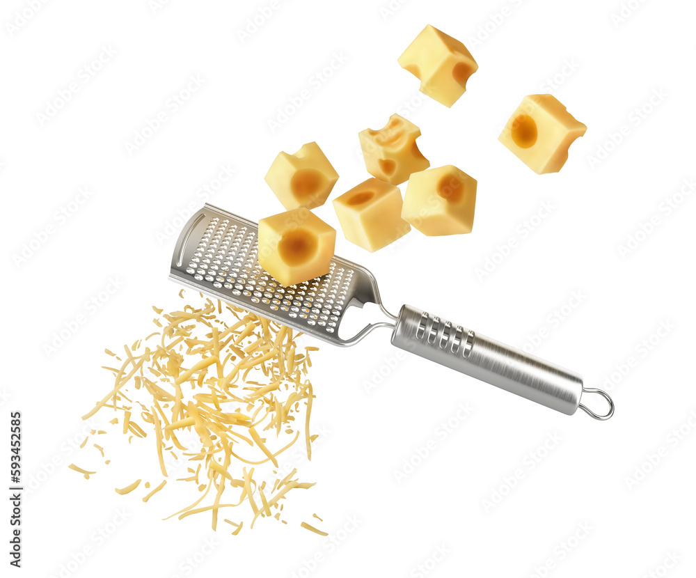 Pieces of cheese falling on a grater with cheese shavings on a white background