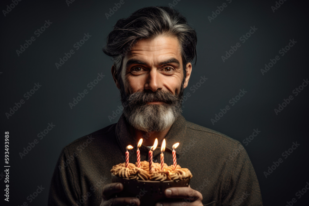 Man holding a birthday cake with candles. Copy space ai generative 