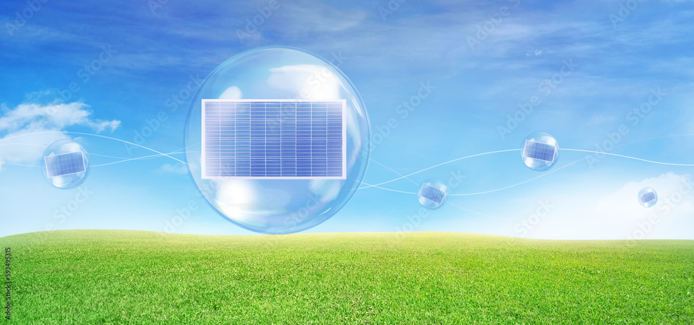 Solar panels in bubbles Floating in the air with a lawn and sky in the background. Solar energy conc