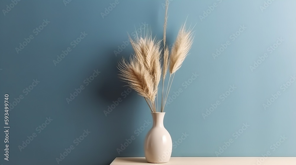 Vase with decorative plant branch against blue wall background. Minimalist interior mockup. Generati