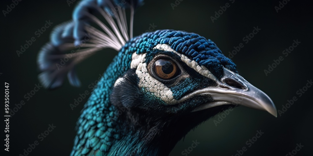 Close up photo of Peafowl bird on forest background. Generative AI