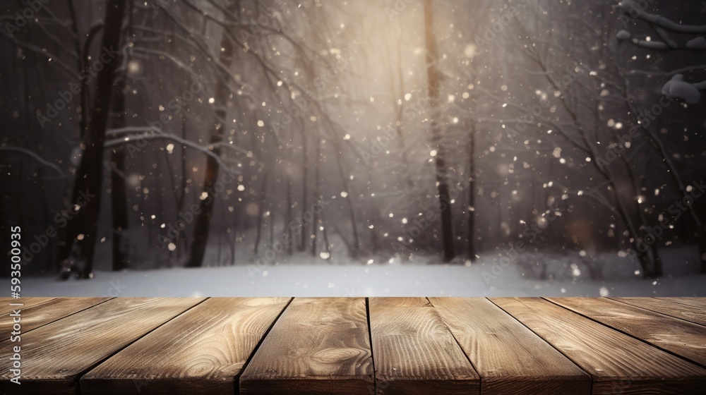 Wood table mockup with falling snow on background. Empty copy space for product presentation. Genera