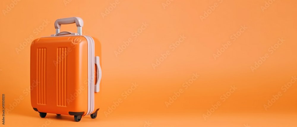 Orange travel suitcase, on orange background. Trip concept. Generative AI