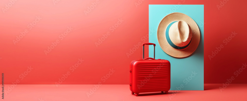 Red travel suitcase with straw hat, on red background. Trip concept. Generative AI