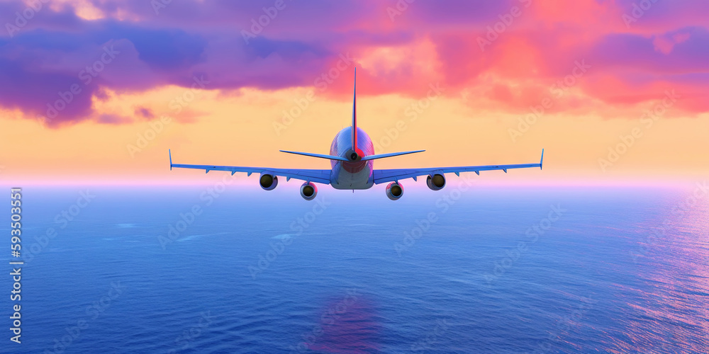 Passengers commercial airplane flying above sea surface on colorful paradise sunset. Airliner in fli