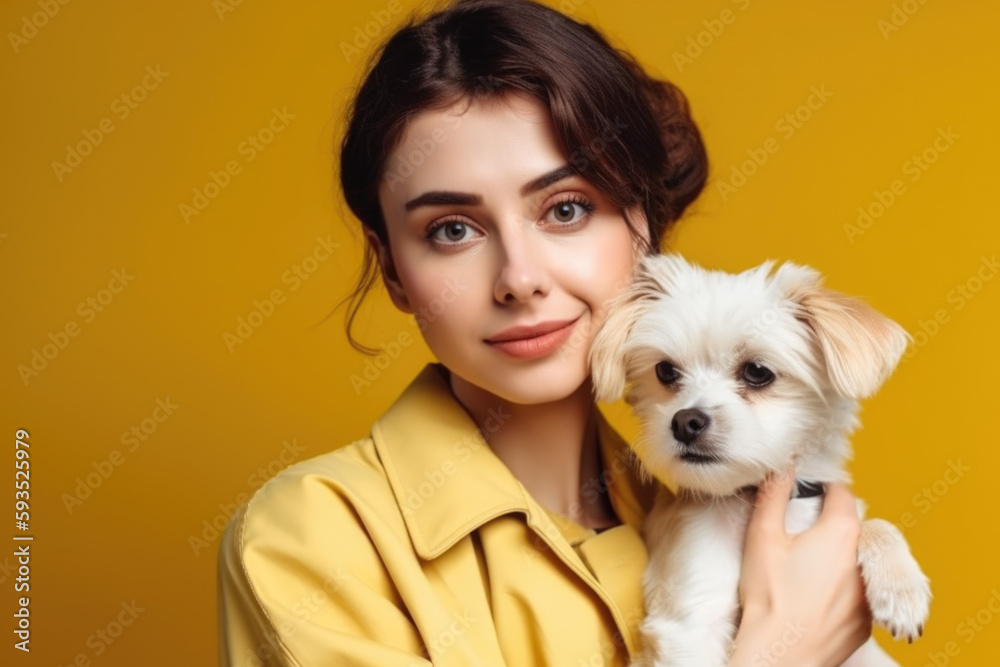 Animal Care: Veterinarian holding a cute dog in white coat on yellow pastel background with space fo