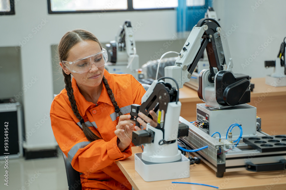 Engineer working with optimization of Robot Arm,Doing Robotic Maintenance Ideas.