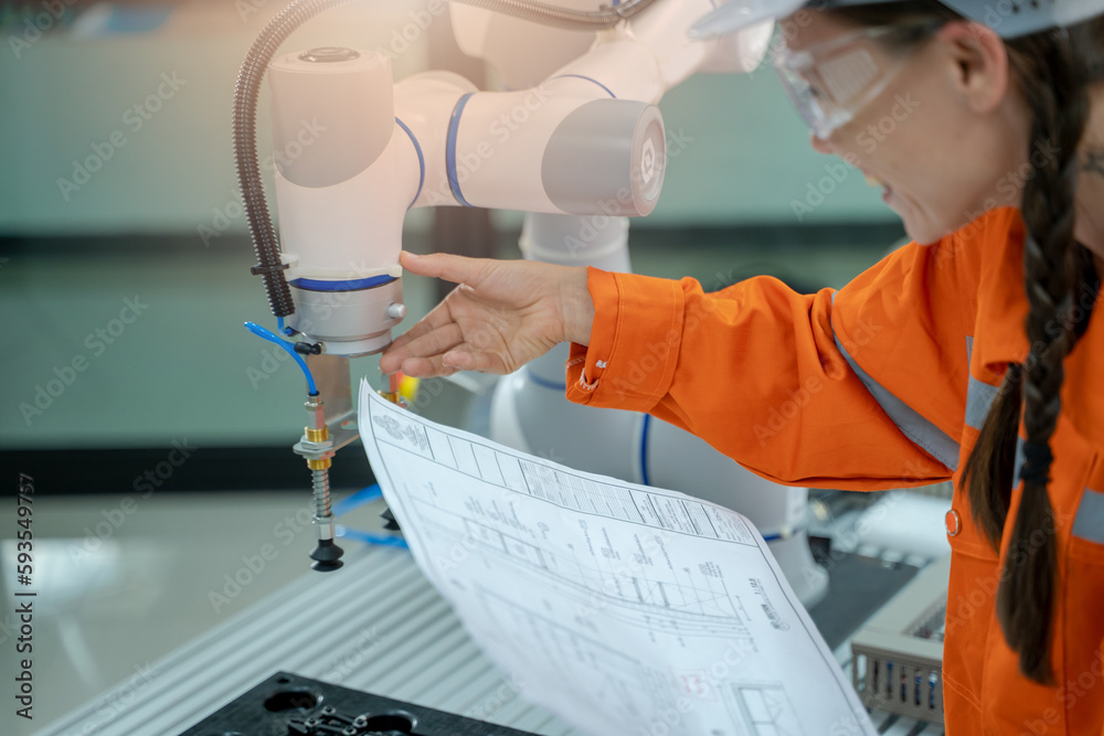 Industrial engineer or technician working and inspecting robotic arm machine at manufacturing plant.