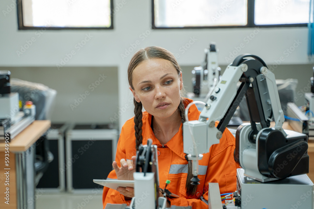 Engineer Researching and Developing a Technological Robot Arm Project in Scientific Technology Lab.