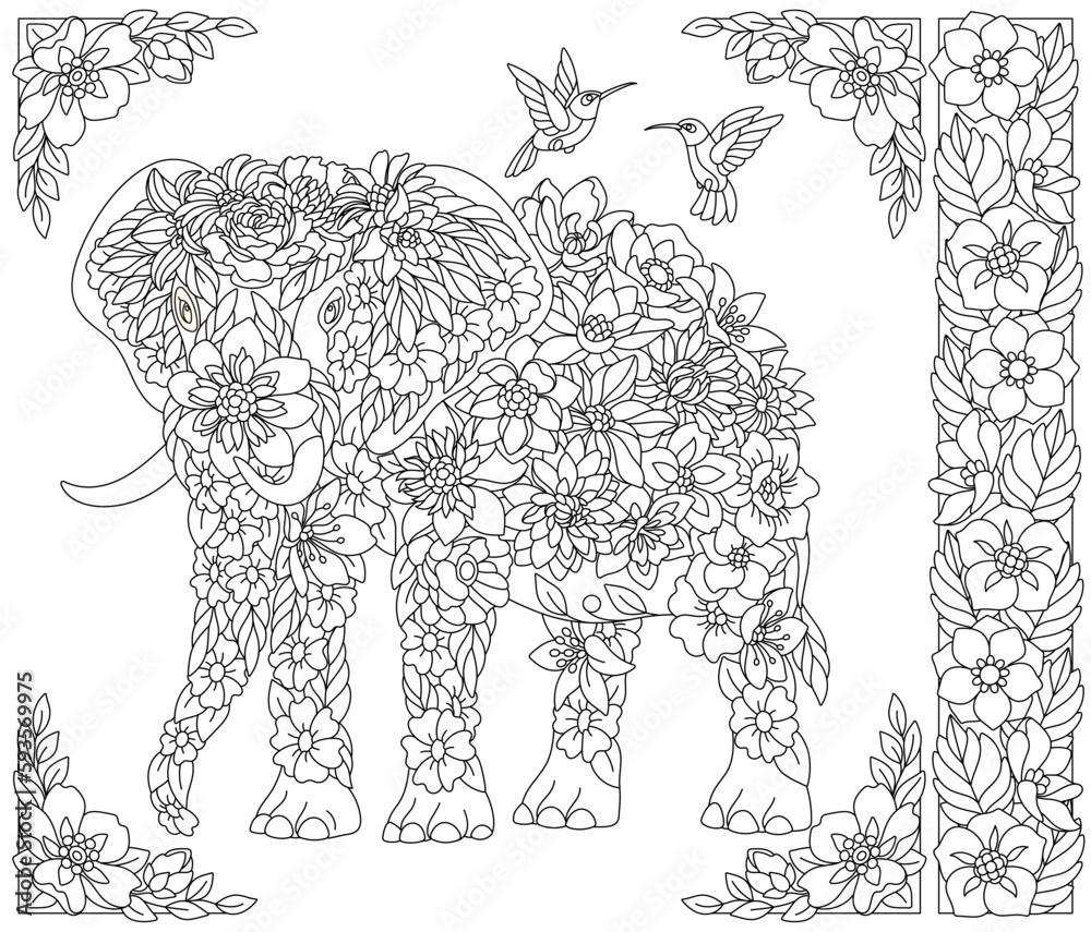 Floral elephant. Adult coloring book page with fantasy animal and flower elements.