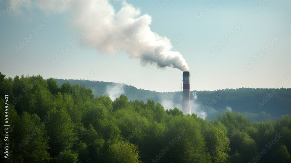 An illustration depicting the impact of CO2 emissions on nature, with a factory chimney releasing sm