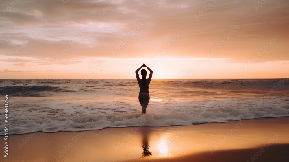 Person practicing yoga on beach during sunset, promoting mental health, self-care, and connection to